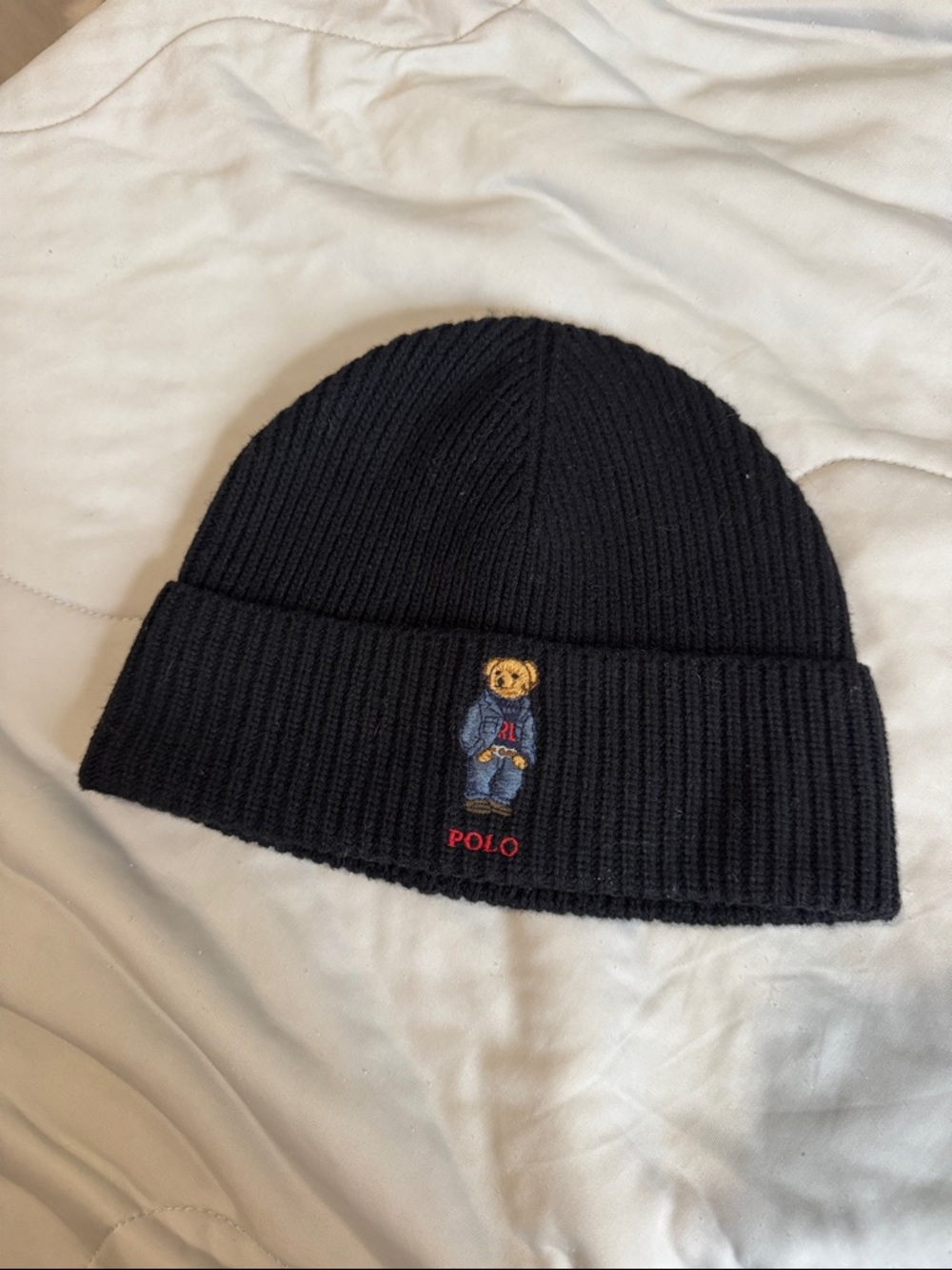 Polo by Ralph Lauren Black Knit Bear Cuff Hat with Embroidered Polo